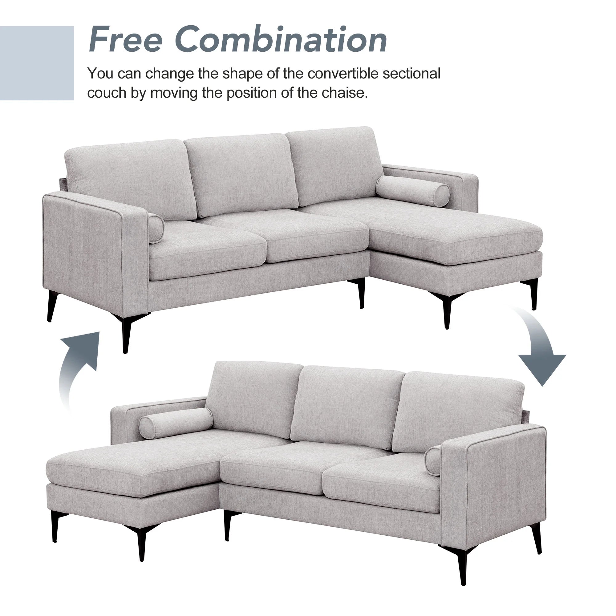 L-Shaped Sectional Sofa with Reversible Chaise, 3 Seater Chenille Fabric Modular Couch with Pillows Metal Legs R1489