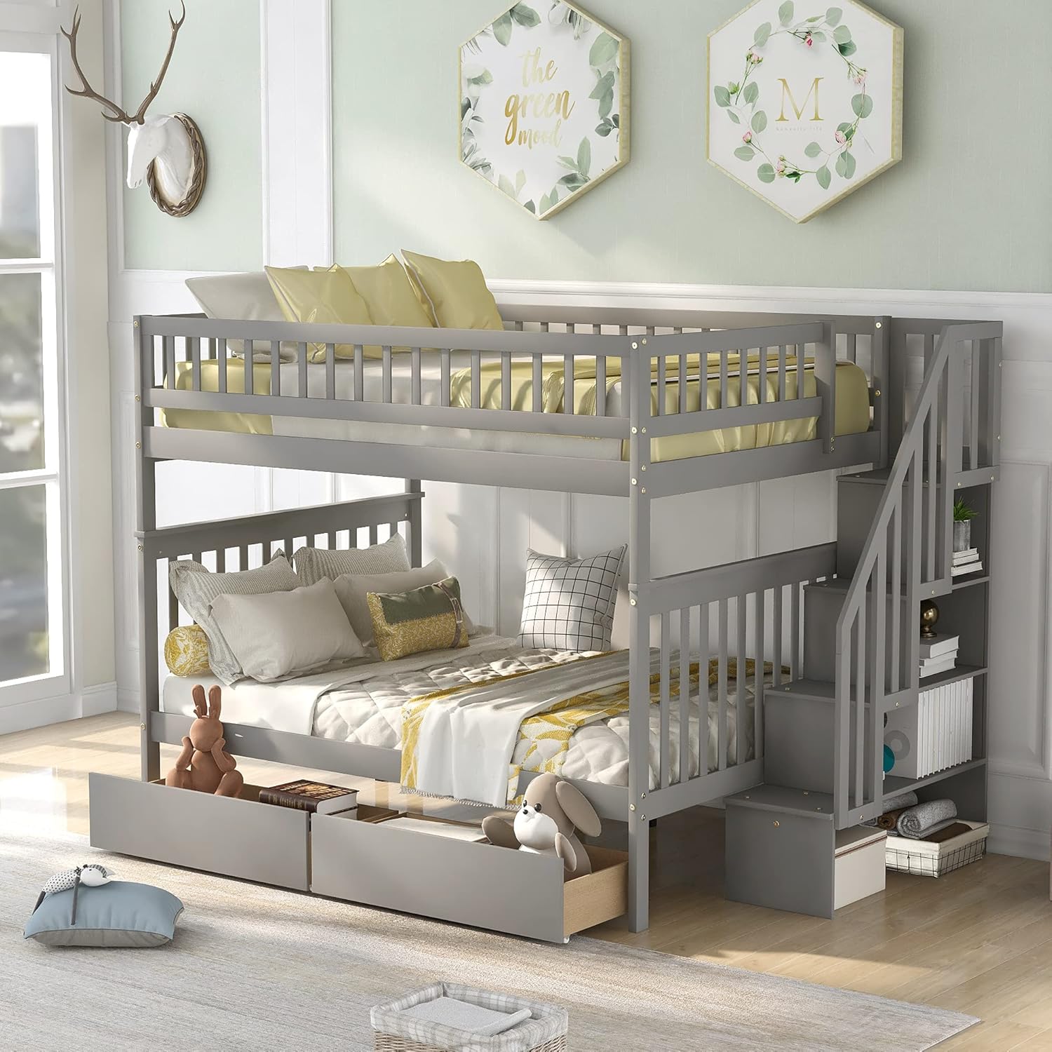 Twin Over Full Solid Wood Bunk Bed with Slide and Drawers X781061