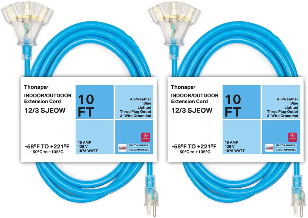 50 Ft All Weather Extension Cord with 3 Outlets, 12/3 SJEOW Heavy Duty Lighted Outdoor Cable S56742
