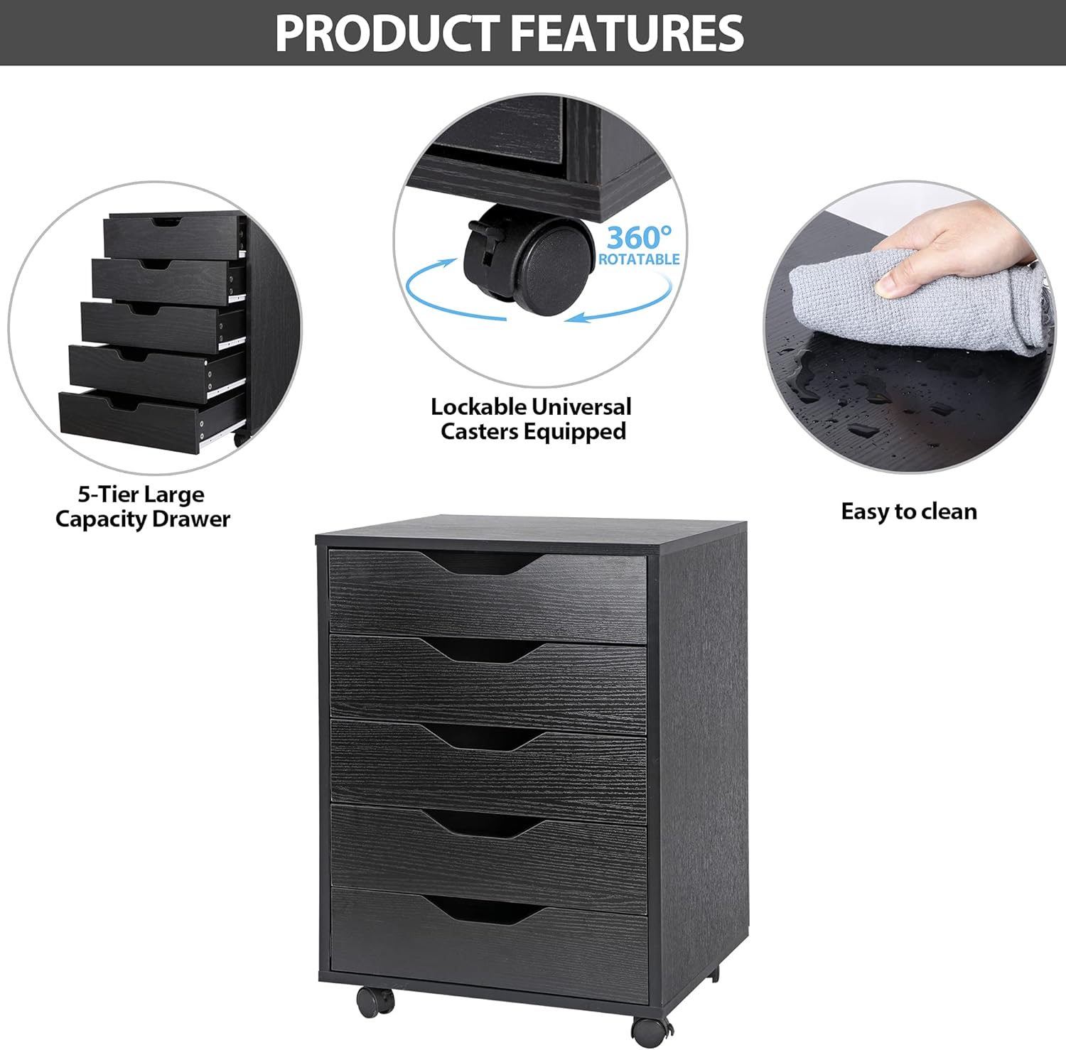 Black 5 Drawer Mobile Wood Filing Cabinet with Lockable Casters X7968