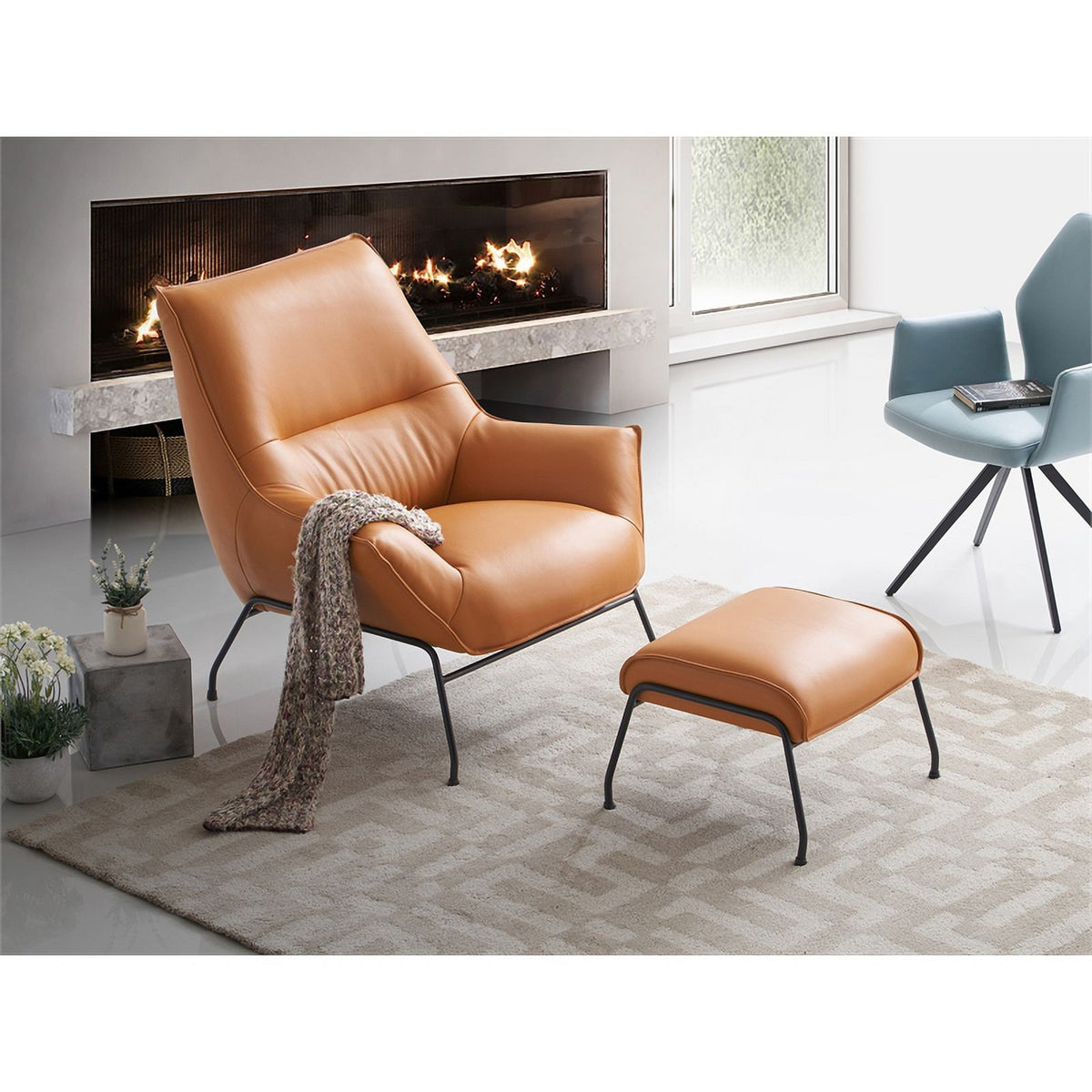 Tan Upholstered Leather Accent Chair and Ottoman C4425