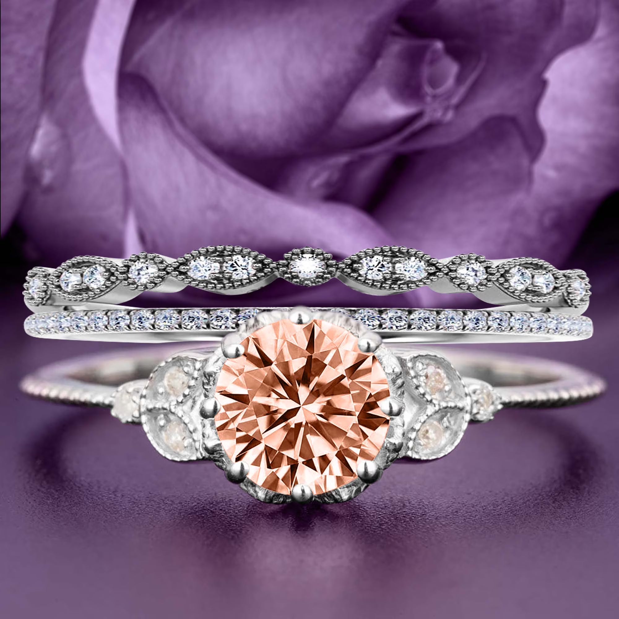 2.25 Carat Round Cut Morganite And Diamond Moissanite Floral Engagement Ring in 925 Sterling Silver With 18k White Gold Plating E3034