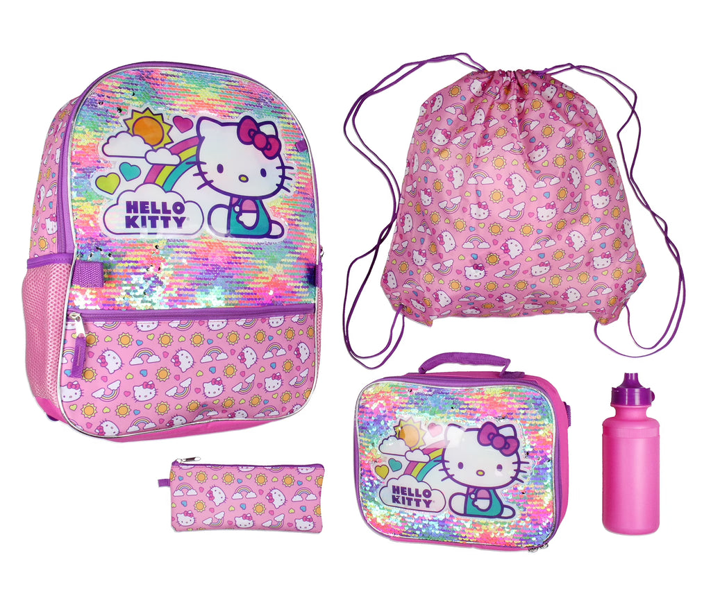 Neon Rainbows Magic Sequins 5 Piece Set Travel Backpack Lunch Bag Cinch Bag Gadget Case Water Bottle N84565