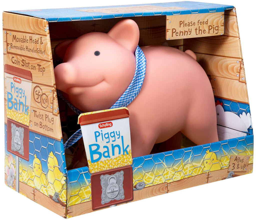Pink Rubber Piggy Bank with Blue and White Scarf L256