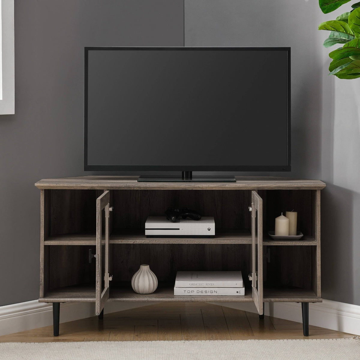 Dark Walnut Glass Door Corner TV Console X898980