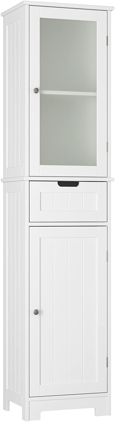 White Tall Freestanding Bathroom Storage Cabinet with Door and Drawer and Adjustable Shelves I162