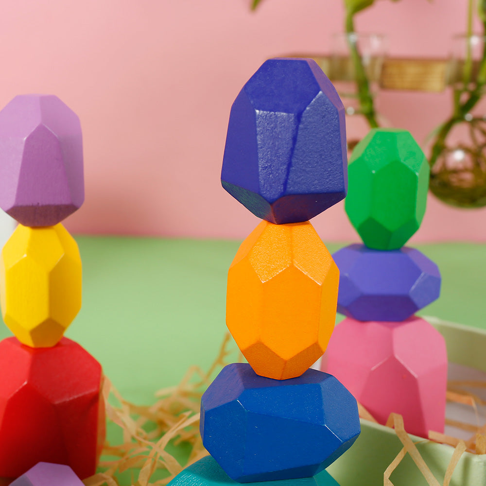 Kids Wooden Colored Balancing Stone Stacking Building Block Toy Y222