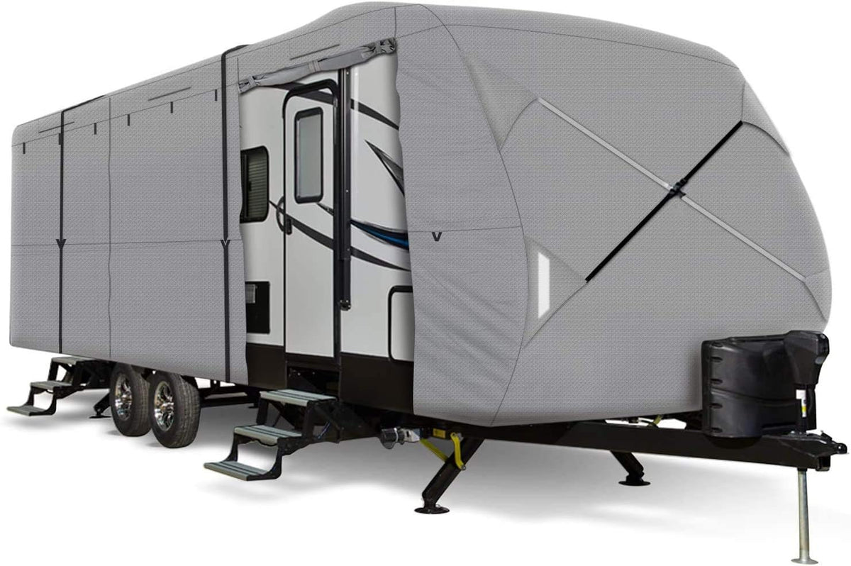 Windproof Extra Thick 4 Layers Travel Trailer RV Cover Camper Cover with Adhesive Repair Patches W901