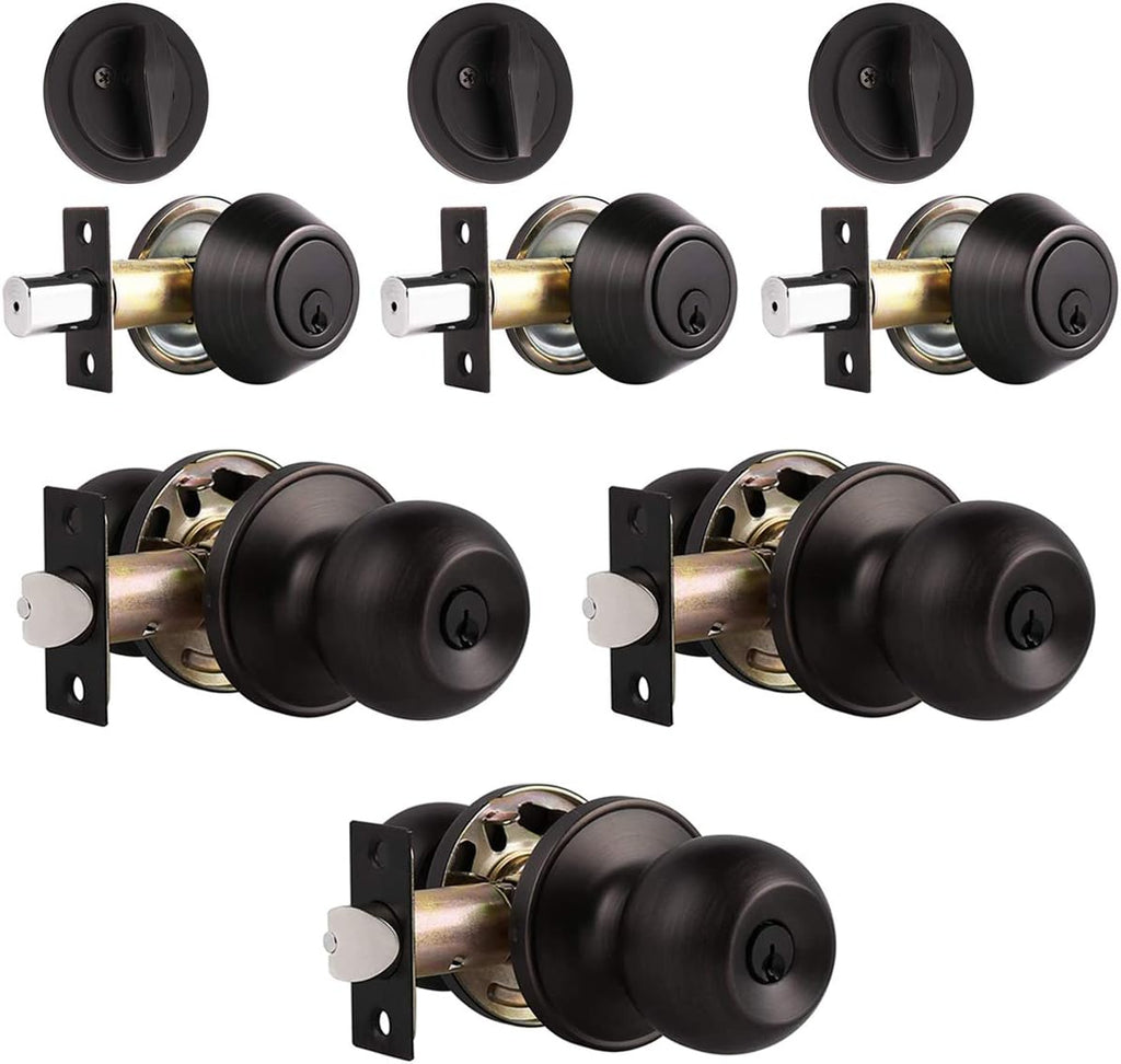 3 Pack Keyed Alike Entry Door Knob and Single Cylinder Deadbolt Lock Set in Oil Rubbed Bronze Finish I3998