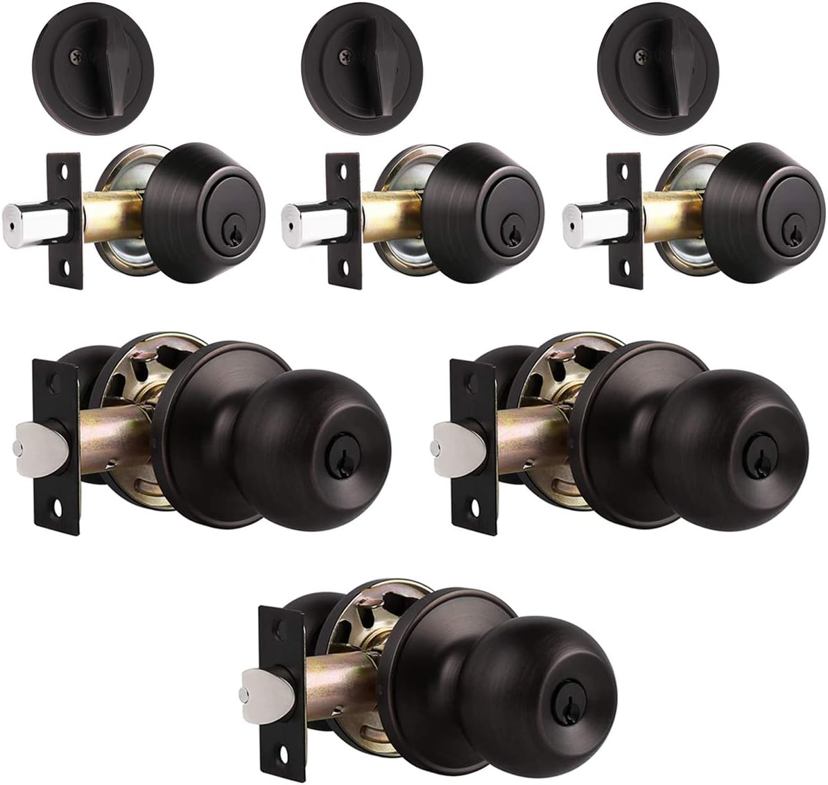 3 Pack Keyed Alike Entry Door Knob and Single Cylinder Deadbolt Lock Set in Oil Rubbed Bronze Finish I3998