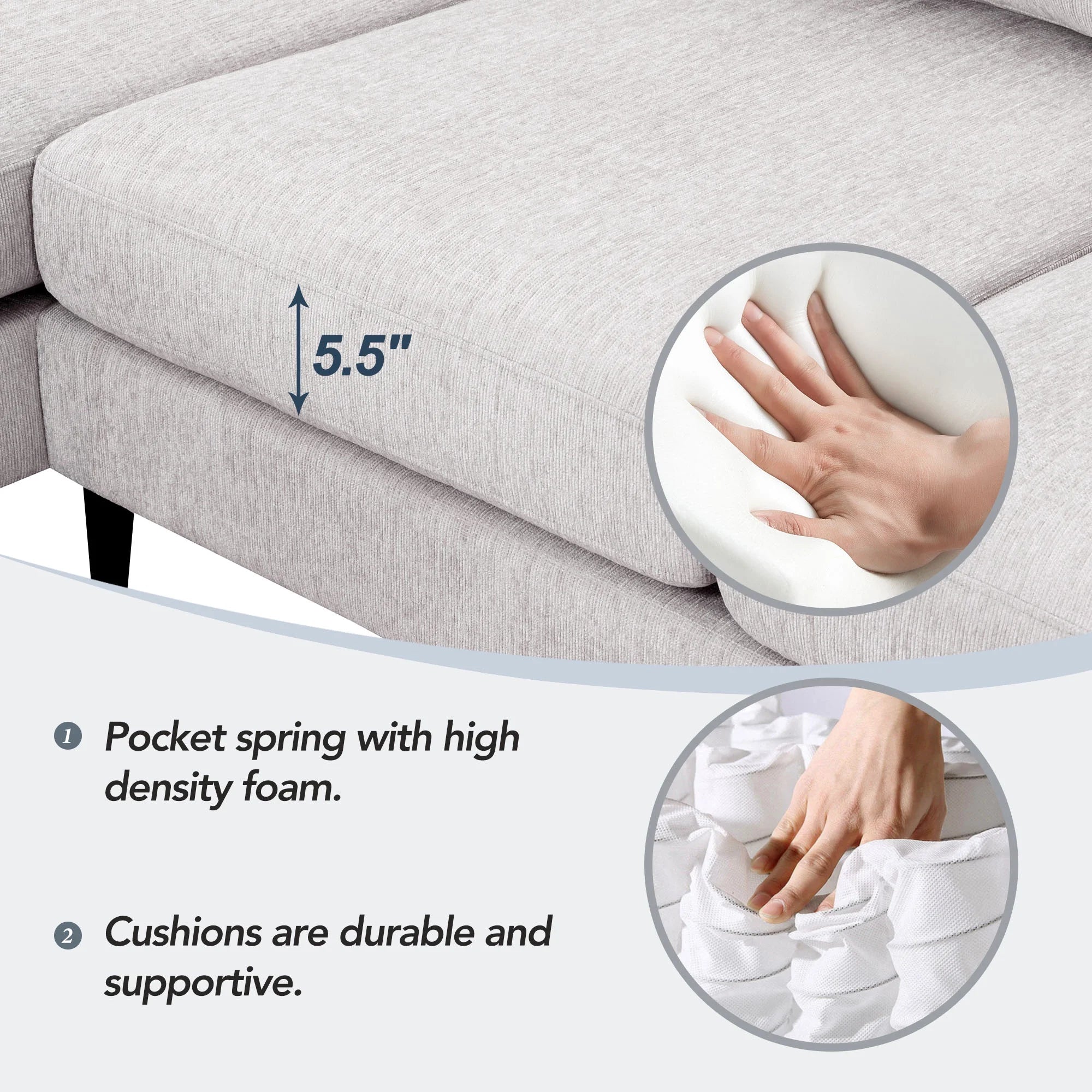 L-Shaped Sectional Sofa with Reversible Chaise, 3 Seater Chenille Fabric Modular Couch with Pillows Metal Legs R1489