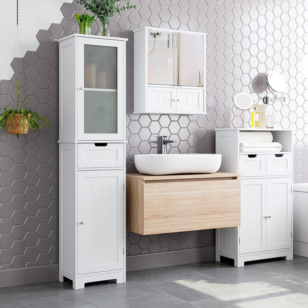 White Tall Freestanding Bathroom Storage Cabinet with Door and Drawer and Adjustable Shelves I162