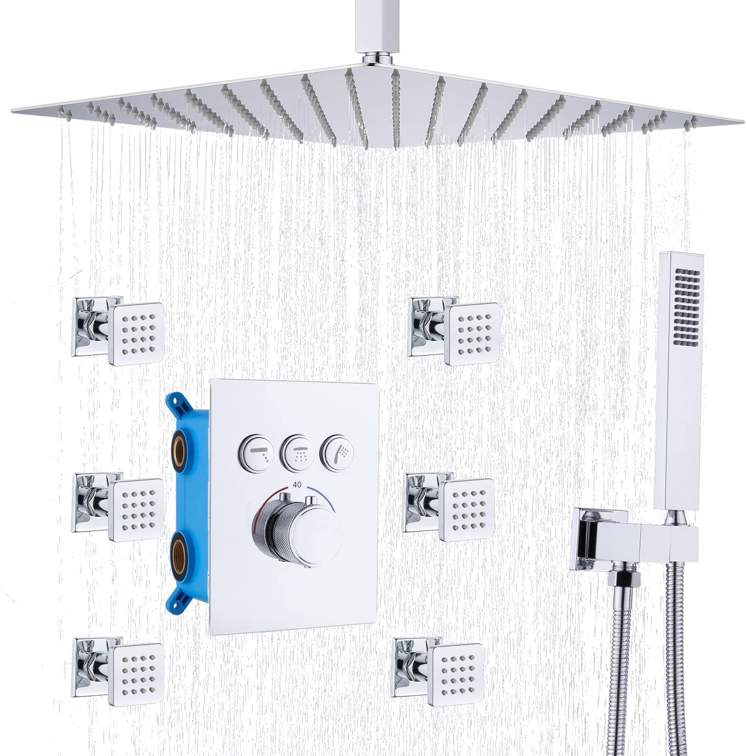 16 Inch Rain Shower Head System with Body Jets and Handheld, Matte Black T907
