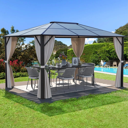 10'x12' Hardtop Gazebo Pergola with Netting and Curtains J508833