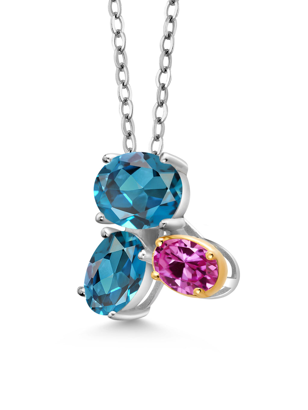 925 Silver 10K Yellow Gold London Blue Topaz Pink Created Sapphire Pendant Necklace 3.00 Cttw Oval 8X6MM 7X5MM 6X4MM 18 inch Chain J997232