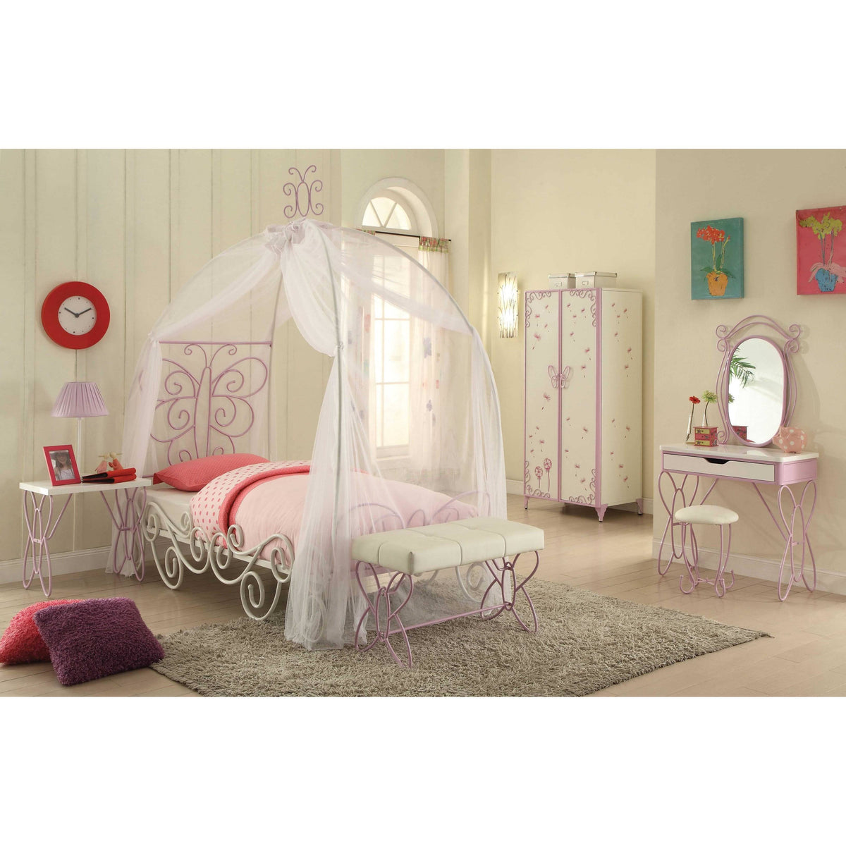 White and Purple Metal Twin Bed with Canopy M86470