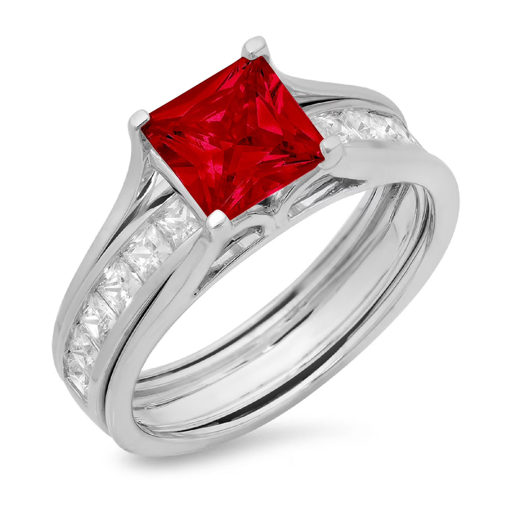 Princess Cut Red Natural Garnet 18k White Gold Ring Band Set Size 3.5 V5468