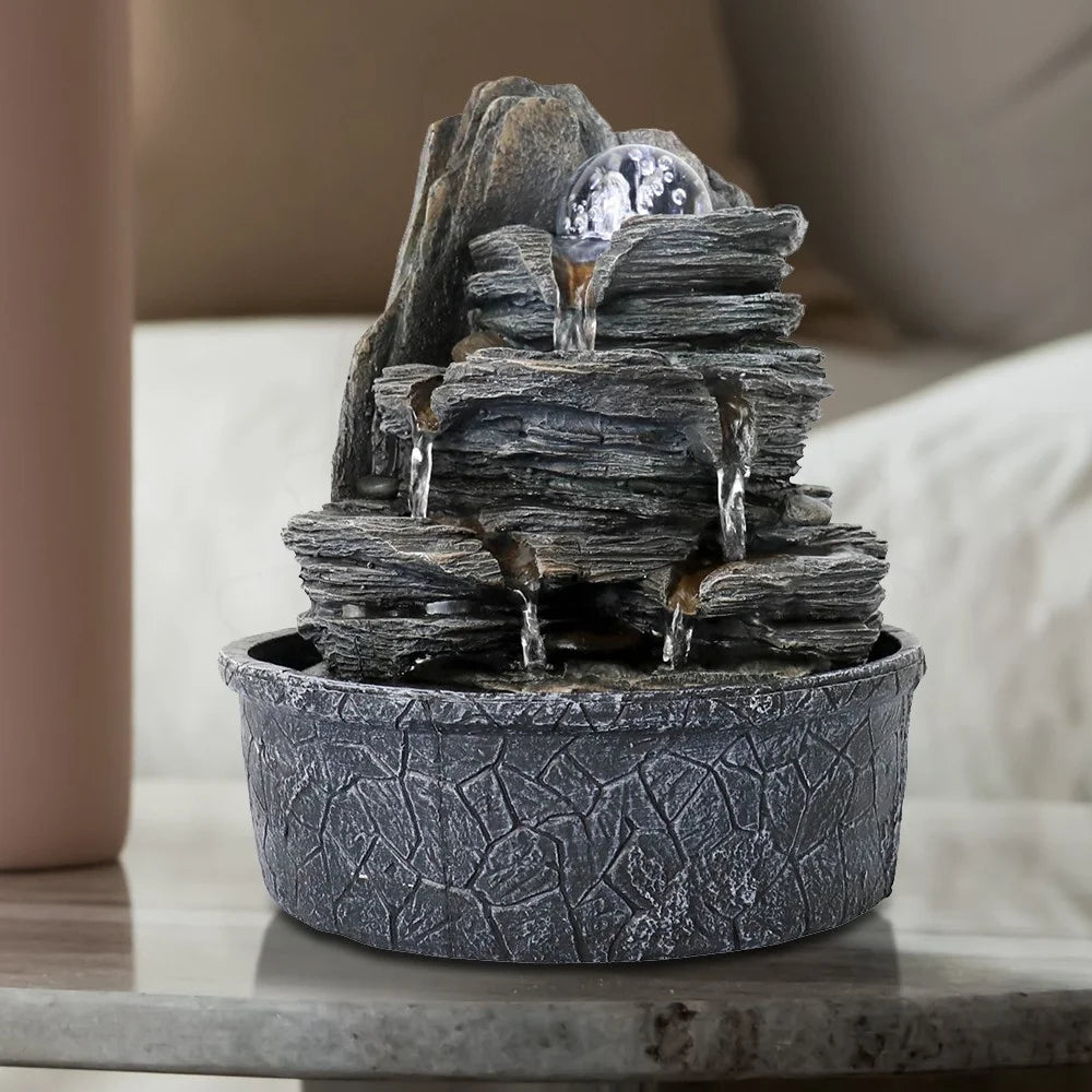9.8'' Tabletop Water Fountain with LED Light, 4-Tiered Indoor Electric Resin Fountain H32012