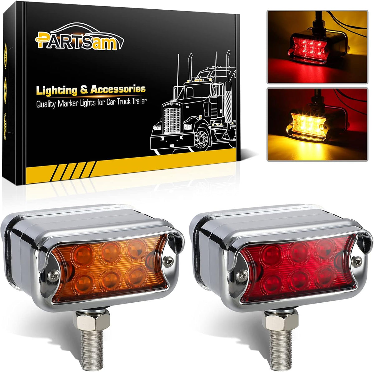 2Pcs Amber/Red 6 LED Double Face Rectangular Chrome Utility Lights S6028
