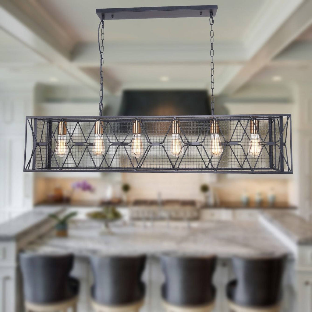 Black 5-Light Rectangular Cage Linear Kitchen Island Light I46484