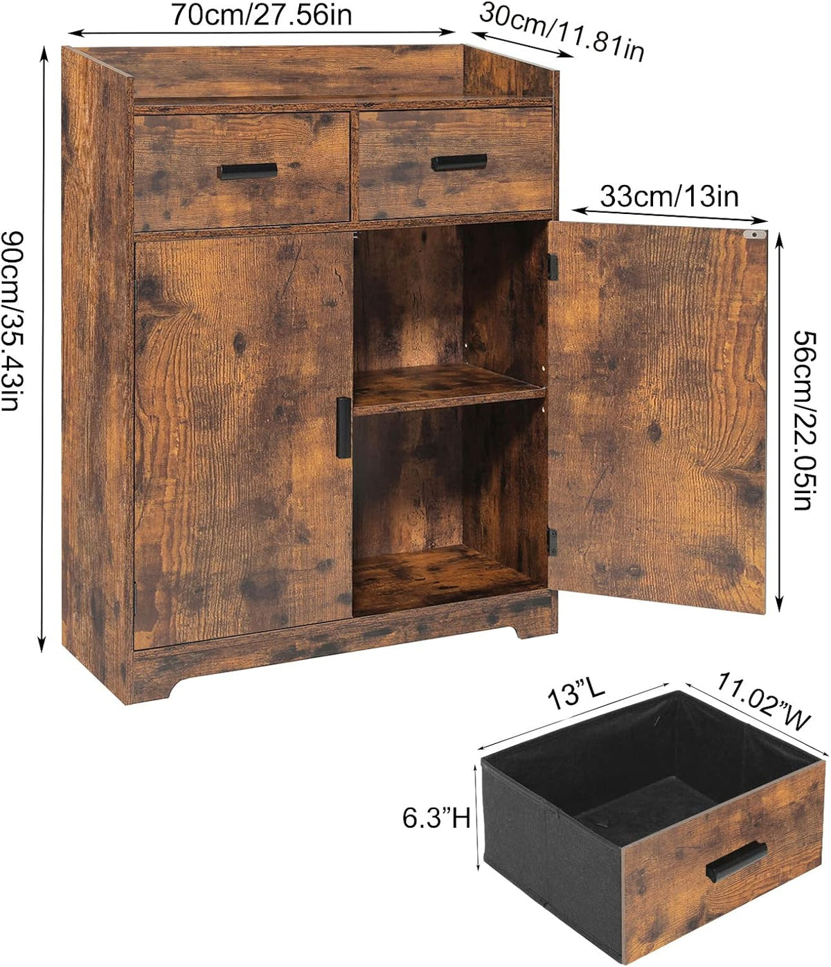 Rustic Brown Storage Cabinet with 2 Doors & Drawers K218