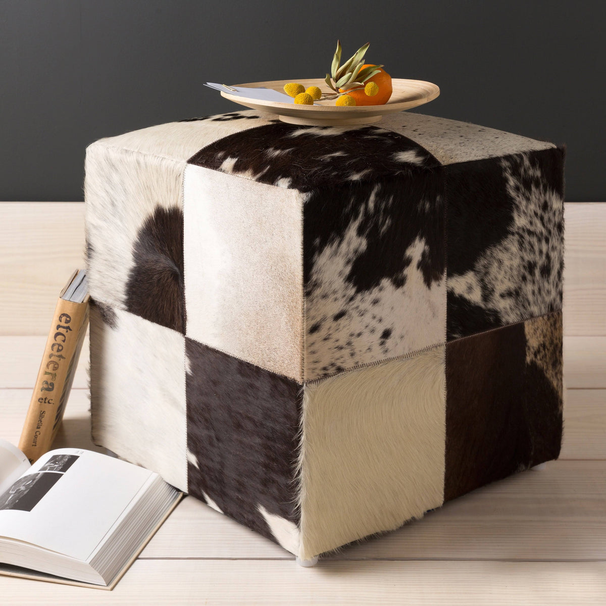Leather Cowhide Cube Pouf Ottoman F4901