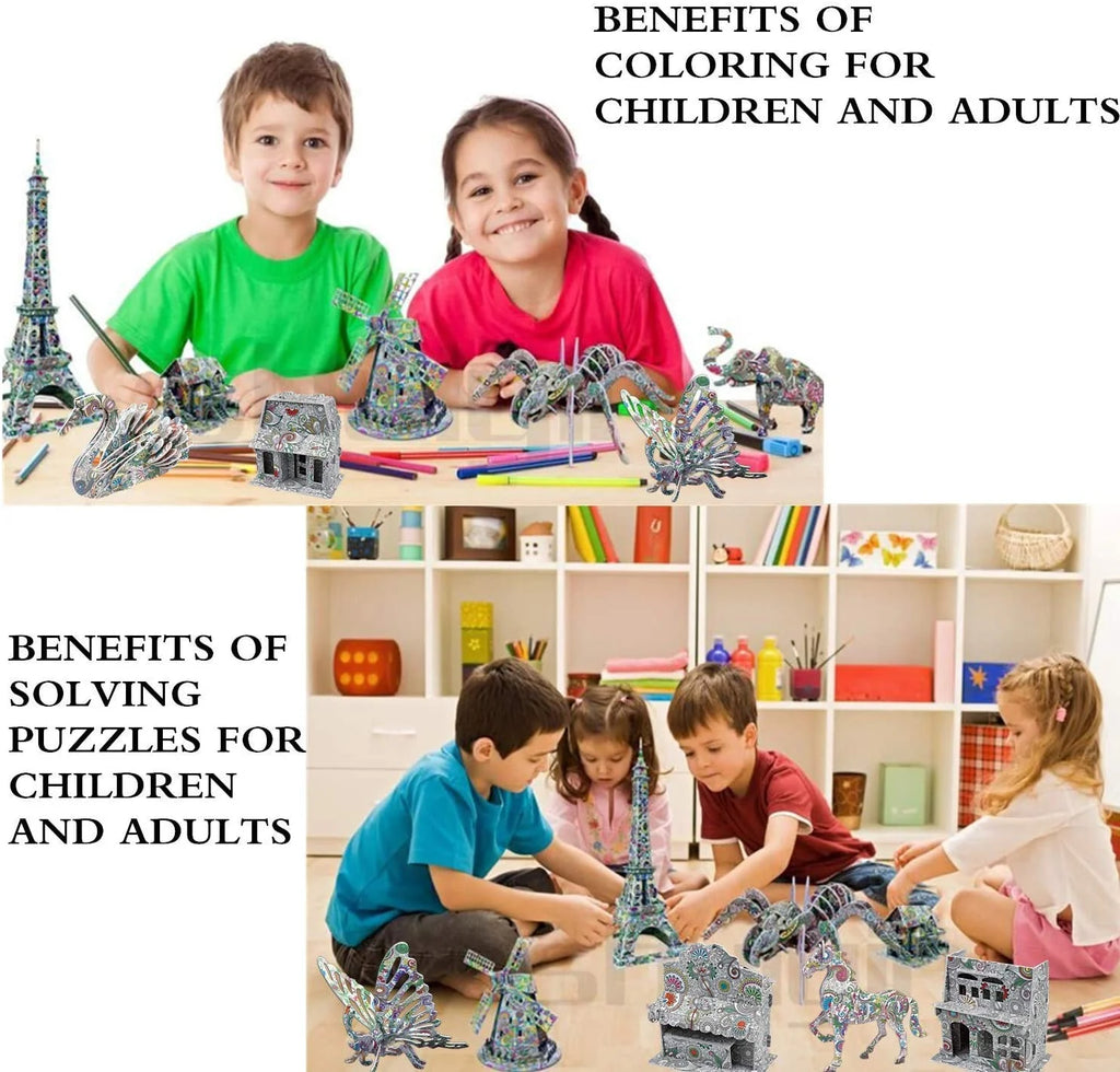 3D Coloring Puzzle Set with 24 Pen Arts and Crafts Kit E543731