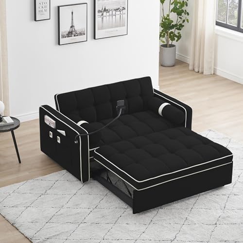 Beige Convertible Couch with Pullout Bed Sleeper Sofa Y518