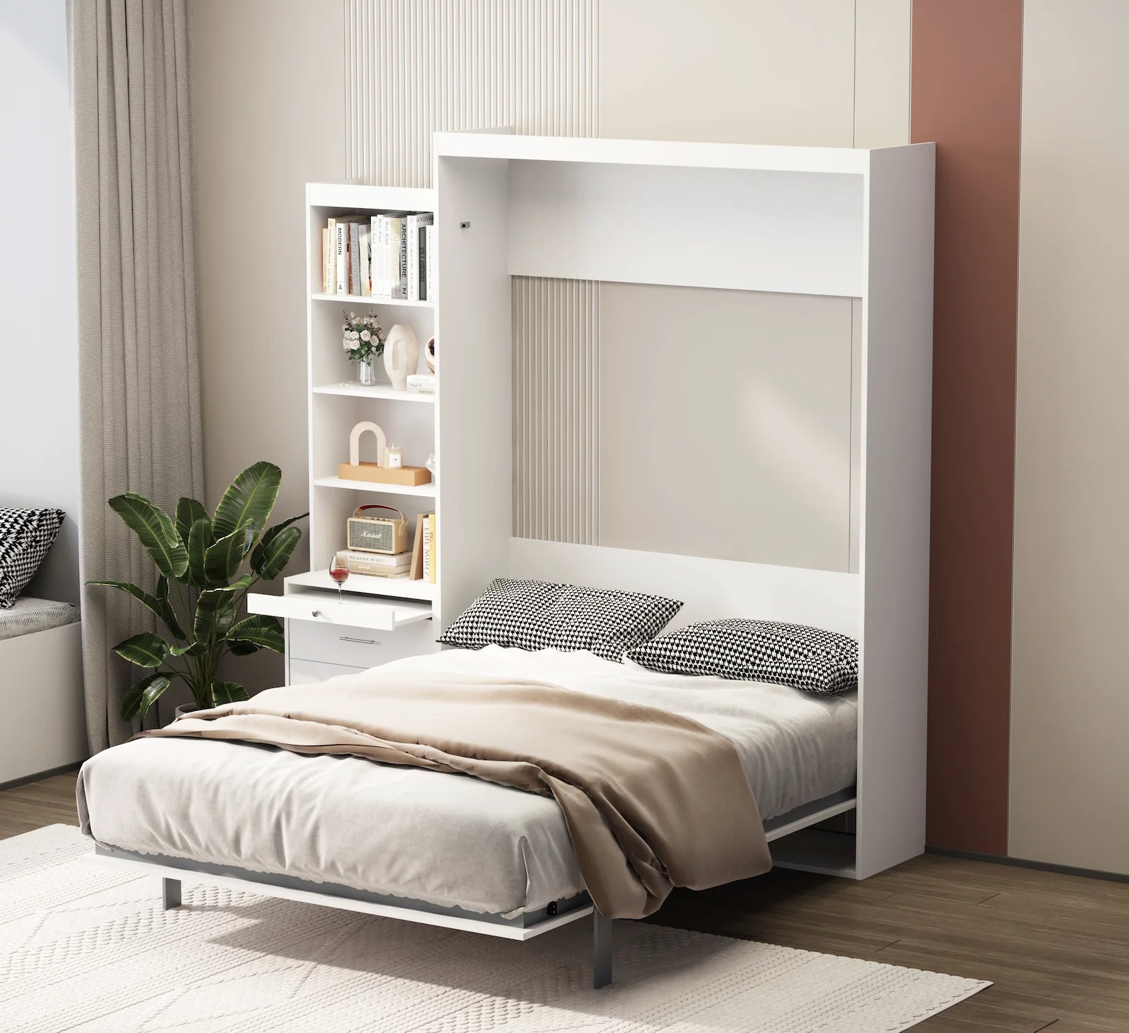 White Full Size Vertical Murphy Bed with Shelf and Drawers B874002