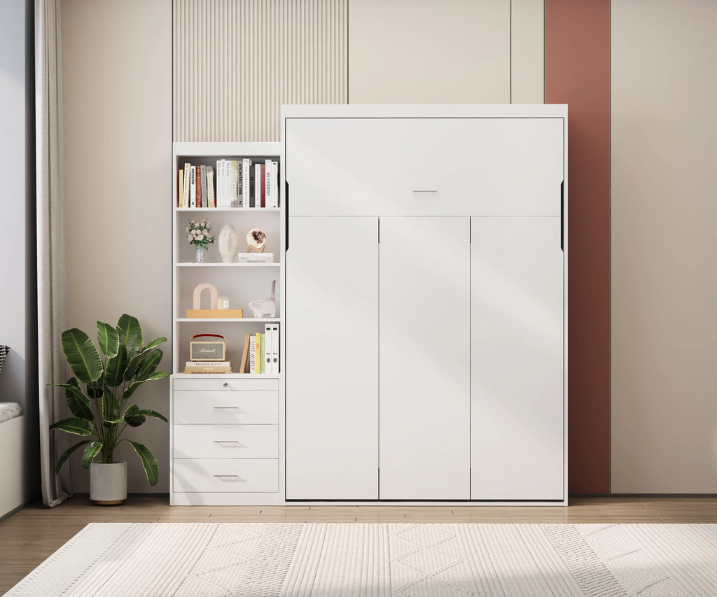 White Full Size Vertical Murphy Bed with Shelf and Drawers B874002