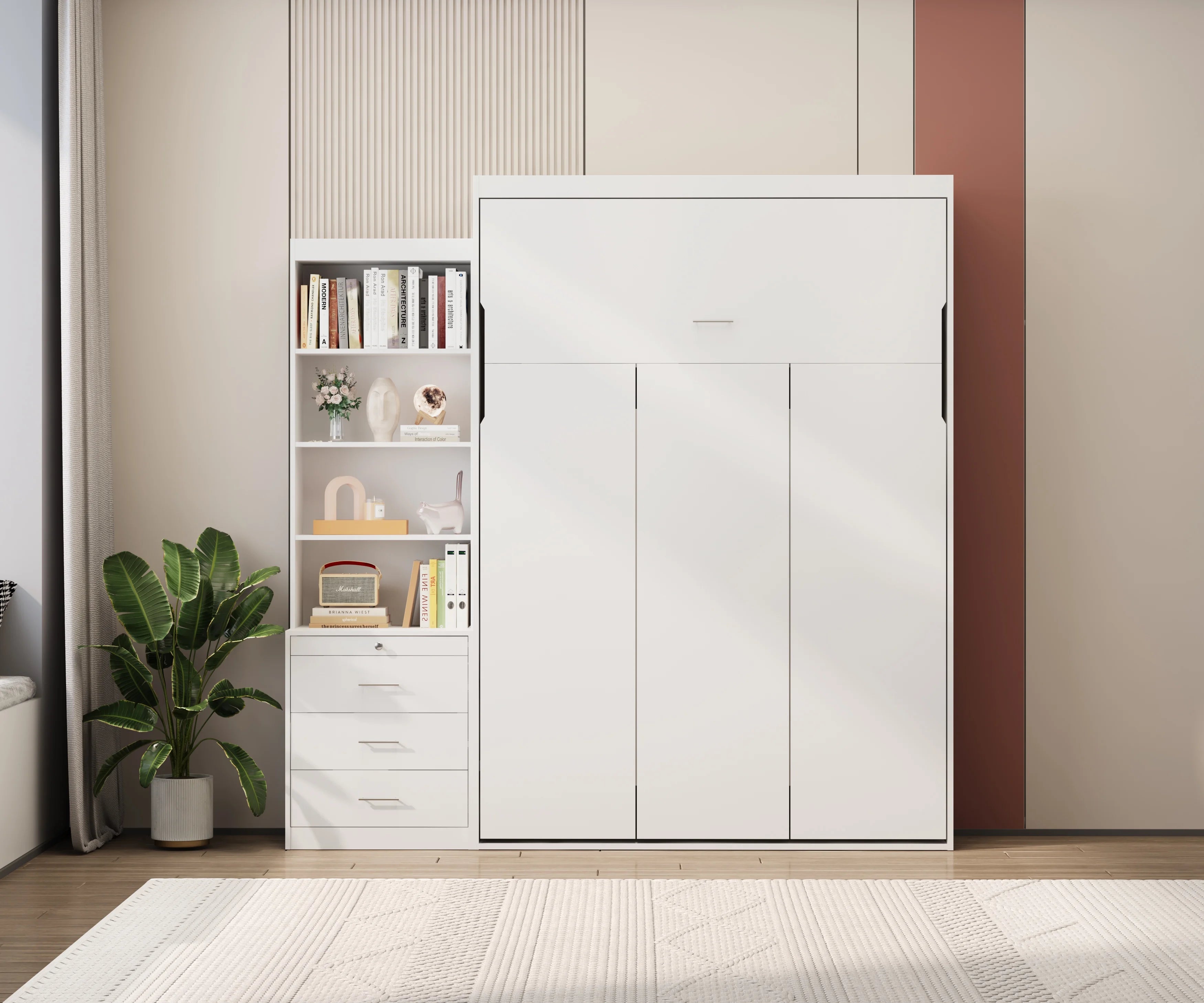 White Full Size Vertical Murphy Bed with Shelf and Drawers B874002