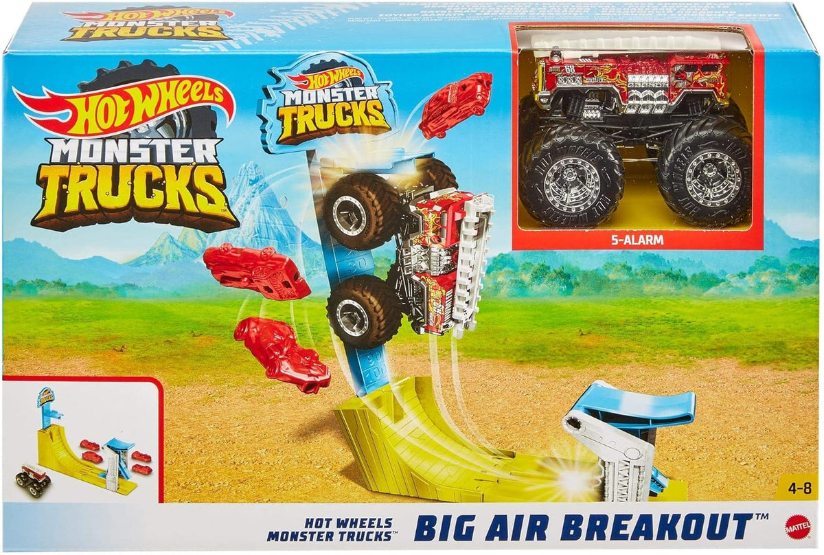 Hot Wheels Monster Trucks Big Air Breakout Play Set with 5 Alarm 1:64 Scale die-cast Metal Body Monster Truck 4 Plastic Crushed Cars 1 Slam Launcher and Ramp D4964