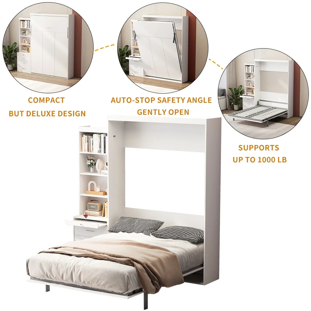 White Full Size Vertical Murphy Bed with Shelf and Drawers B874002