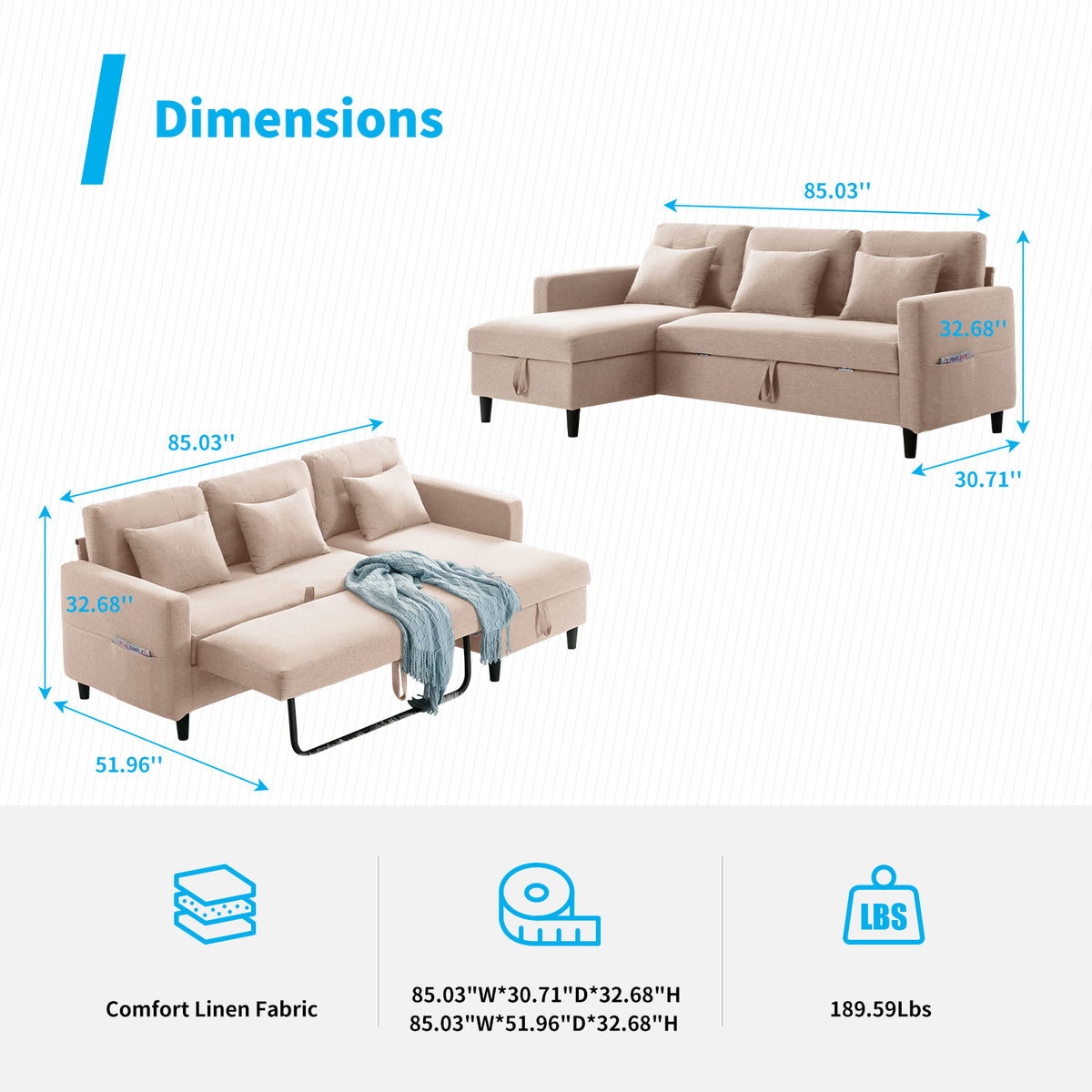Beige Linen Reversible Sleeper Sectional Sofa with Storage Chaise J58976