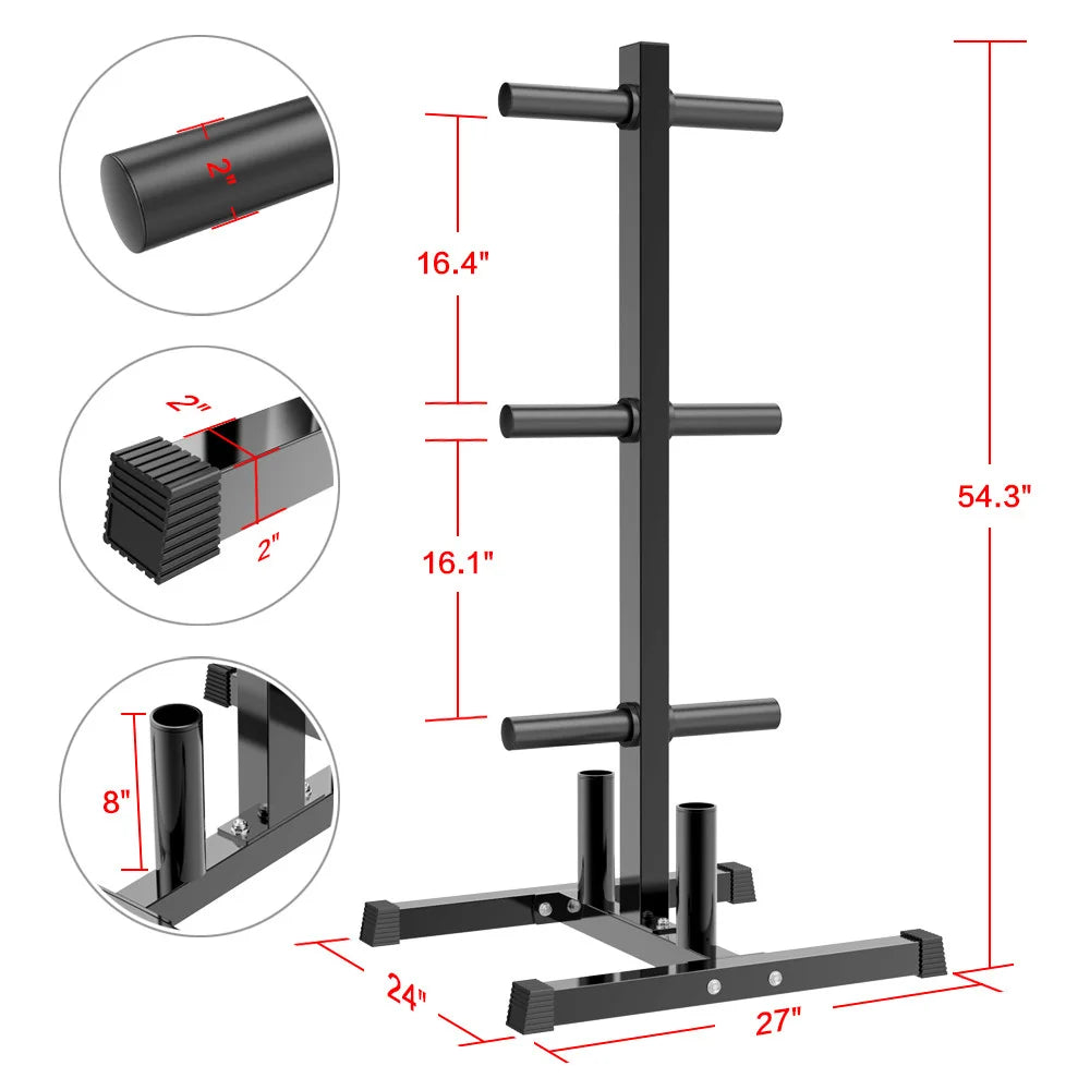 Black Olympic Weight Plate & Barbell Tree Stand Rack O830