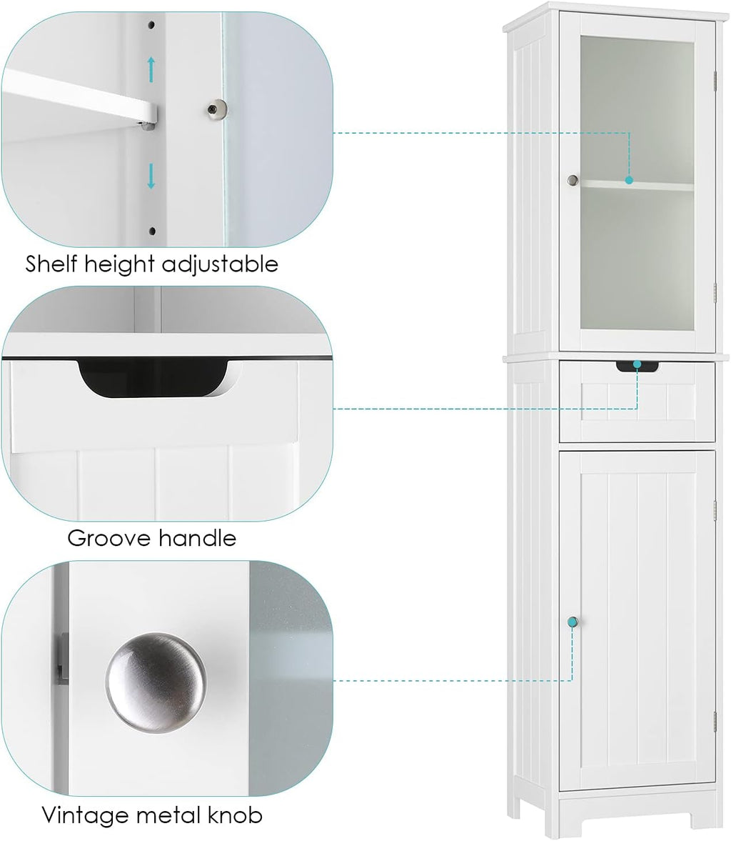 White Tall Freestanding Bathroom Storage Cabinet with Door and Drawer and Adjustable Shelves I162