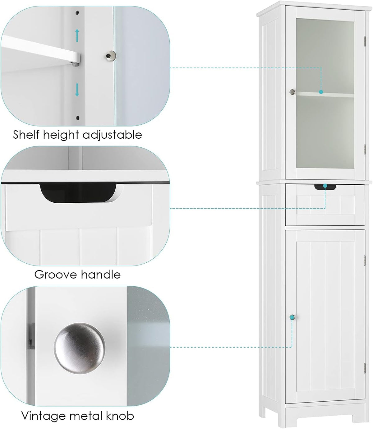 White Tall Freestanding Bathroom Storage Cabinet with Door and Drawer and Adjustable Shelves I162