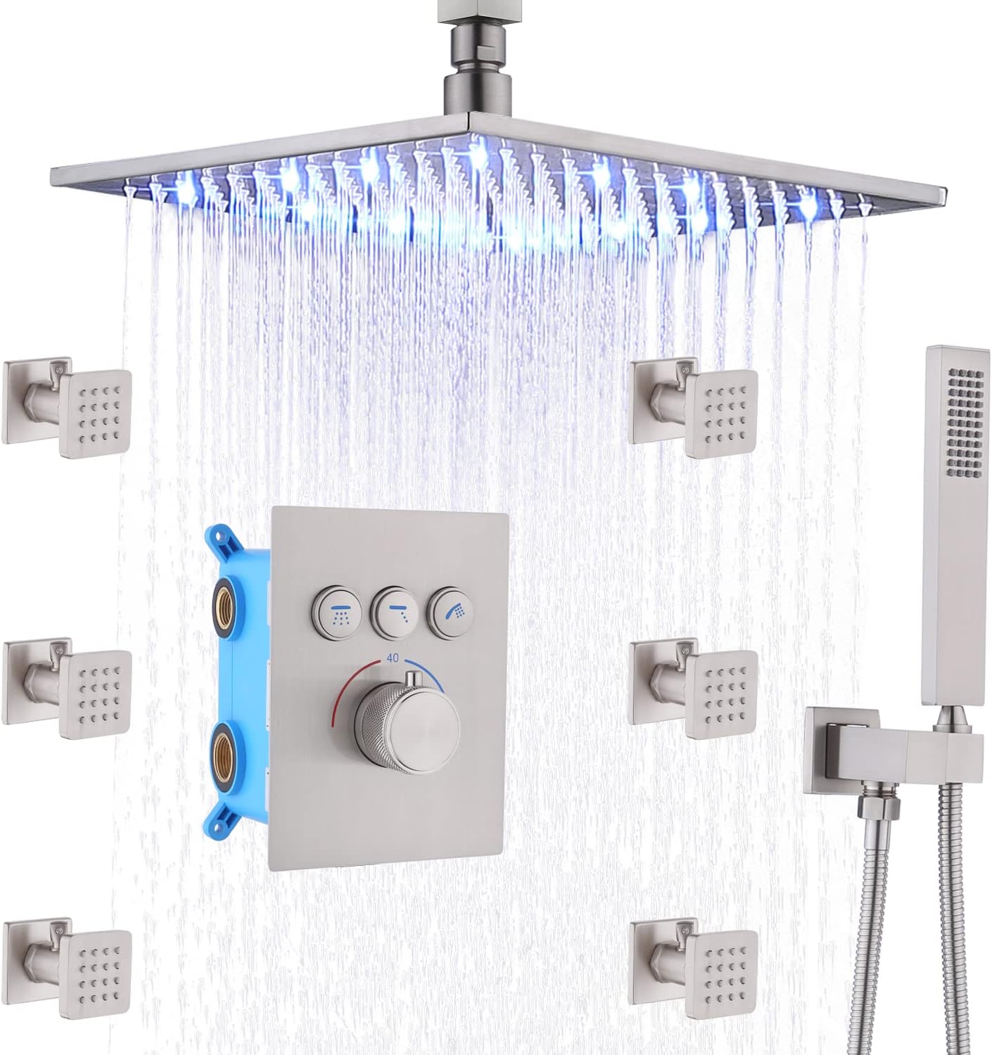 16 Inch Rain Shower Head System with Body Jets and Handheld, Matte Black T907