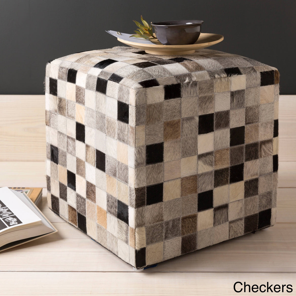 Leather Cowhide Cube Pouf Ottoman F4901