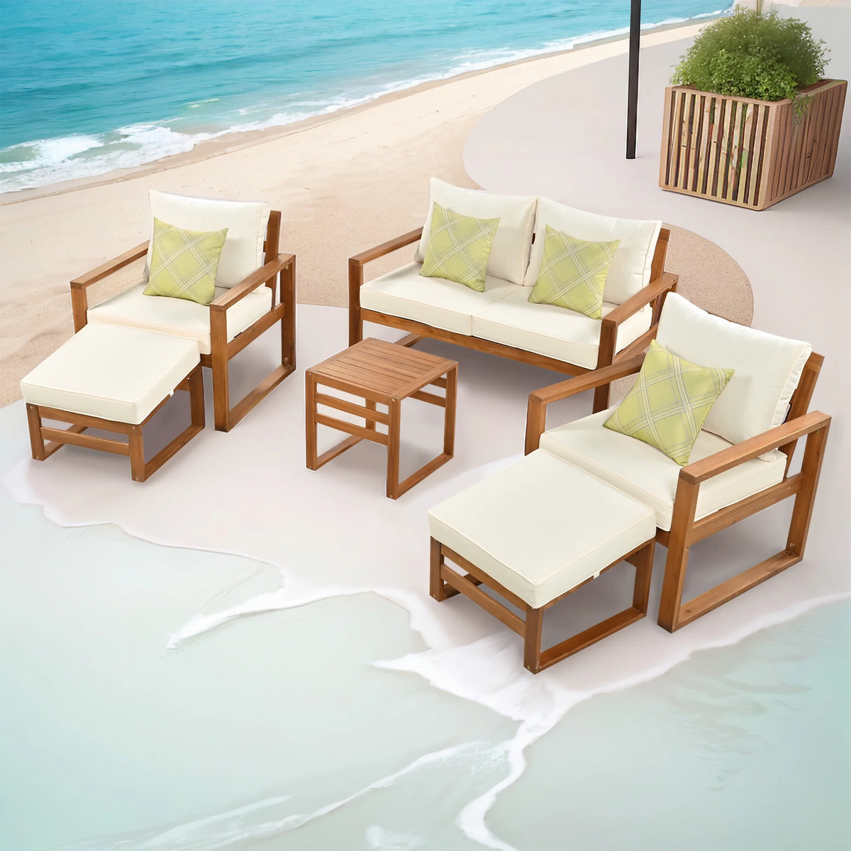 6-Piece Wood Outdoor Patio Conversation Set with Ottomans and Cushions J683712