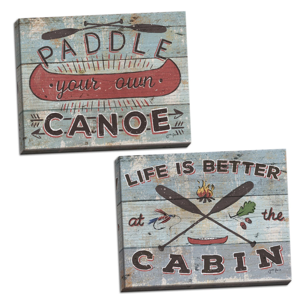 Red and Blue Canoe and Lake Cabin Decor; 2 Stretched Canvases P7581