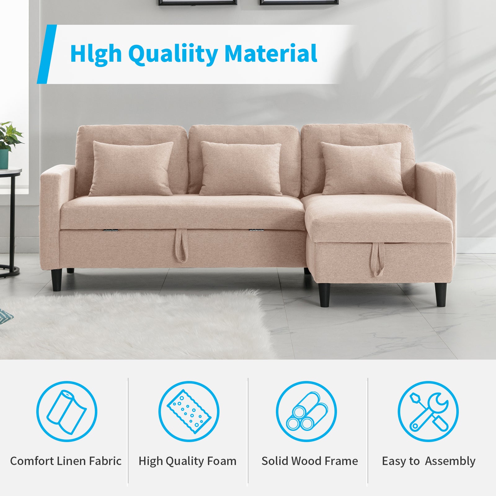Beige Linen Reversible Sleeper Sectional Sofa with Storage Chaise J58976