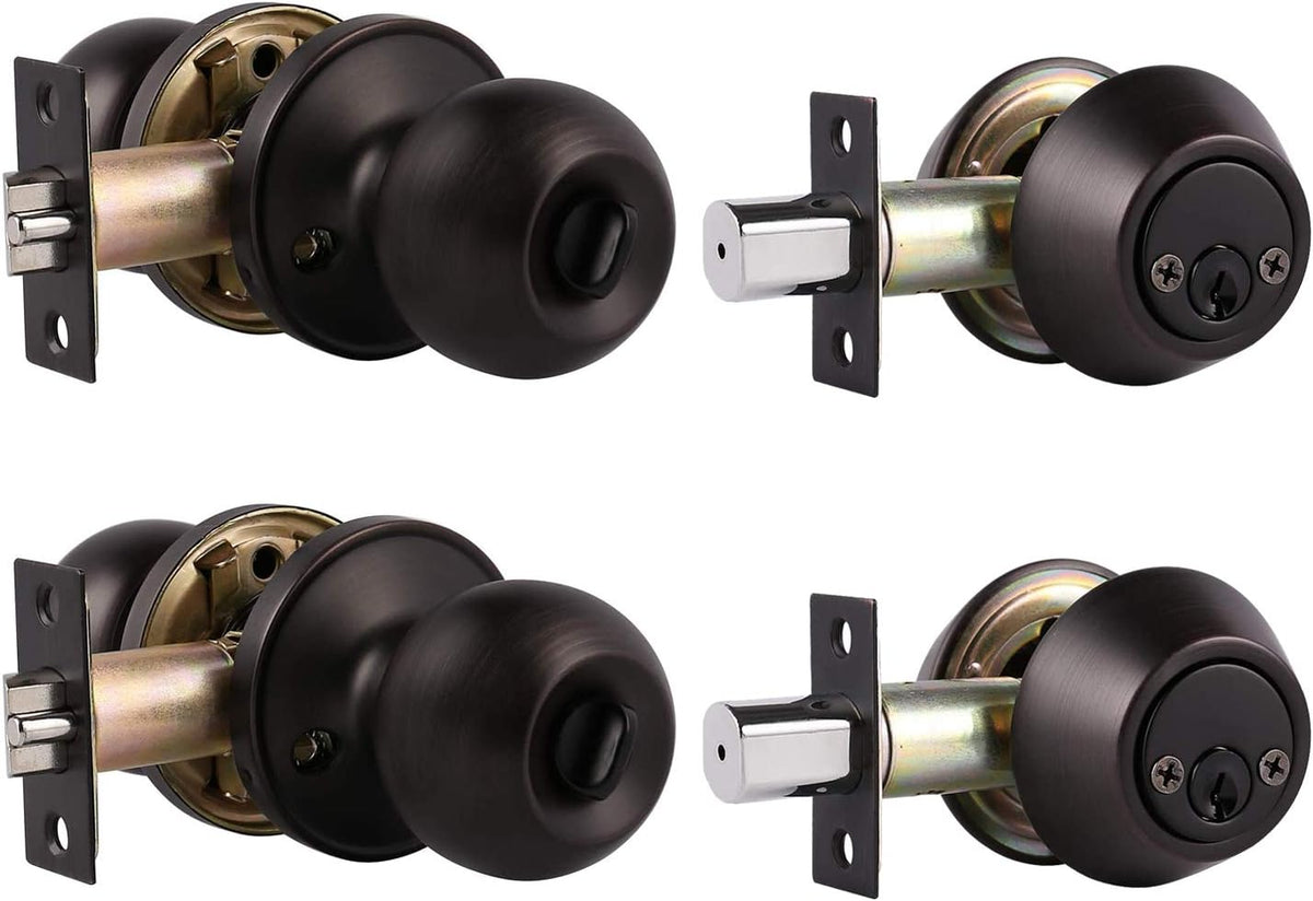 3 Pack Keyed Alike Entry Door Knob and Single Cylinder Deadbolt Lock Set in Oil Rubbed Bronze Finish I3998