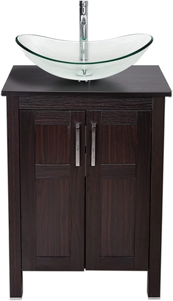 24 Inches Dark Coffee Single Bathroom Vanity with 2-Door Cabinet and Tempered Glass Sink Top W317468