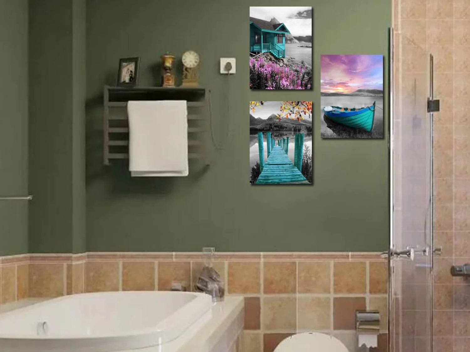 Teal Lake House Canvas Painting Framed 12"x16"x3 Panels B6663