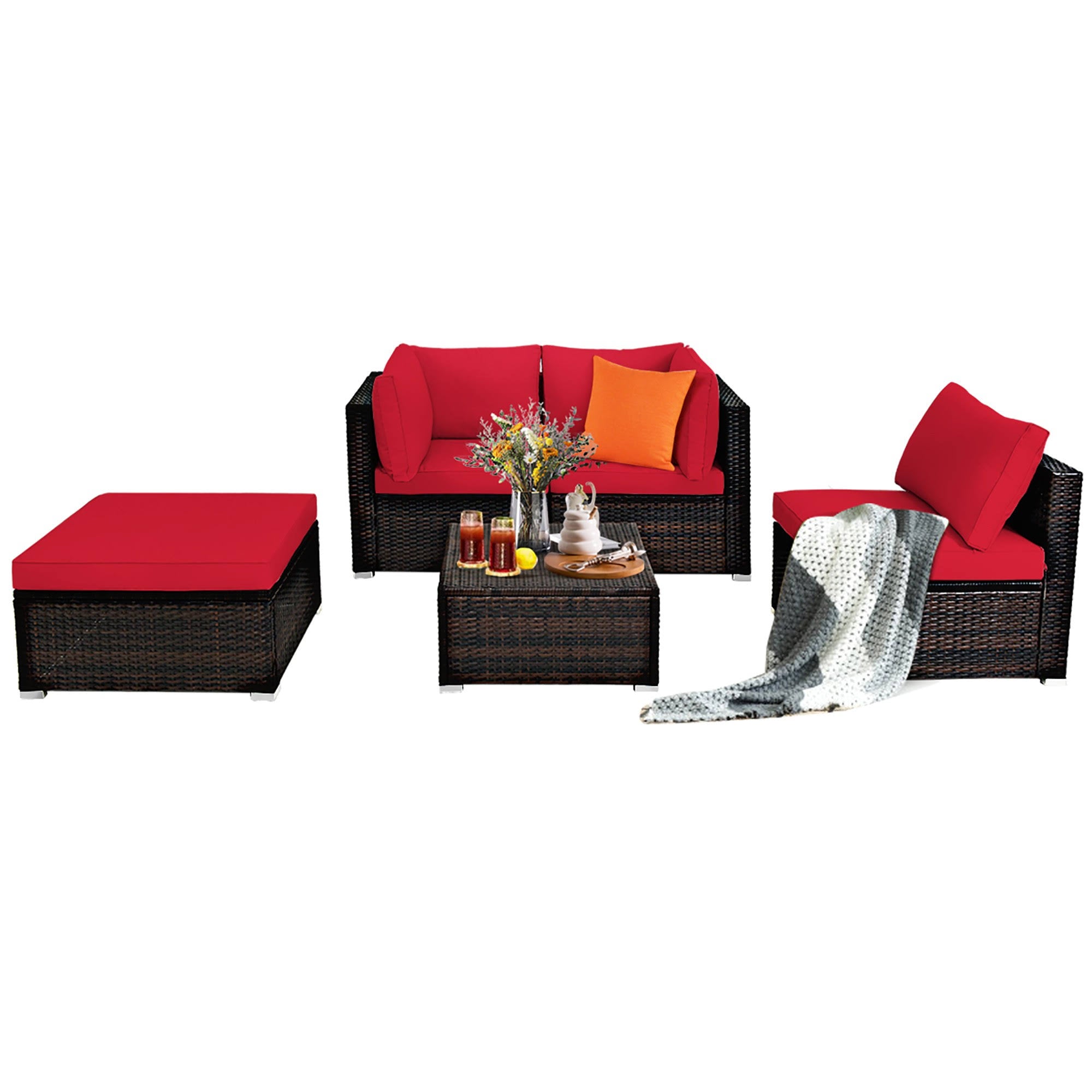Red 5 Piece Patio Rattan Furniture Set O49104