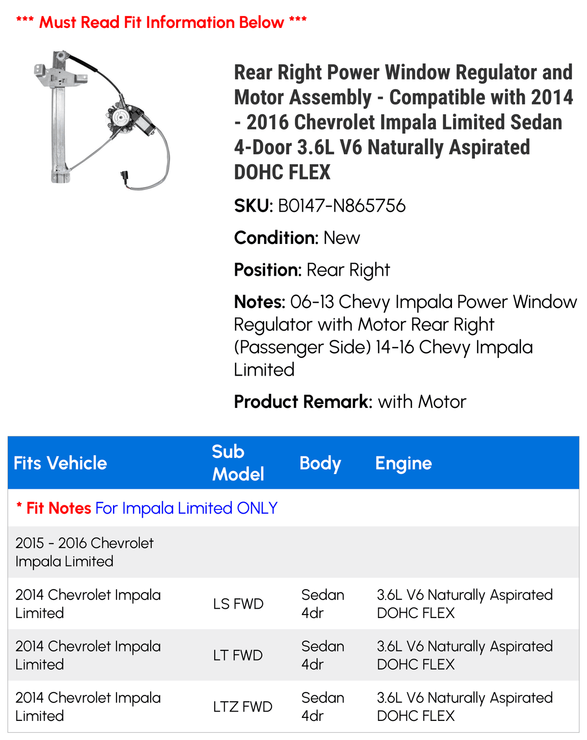 Rear Right Power Window Regulator and Motor Assembly G294292