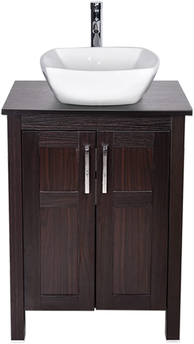 24 Inches Dark Coffee Single Bathroom Vanity with 2-Door Cabinet and Tempered Glass Sink Top W317468