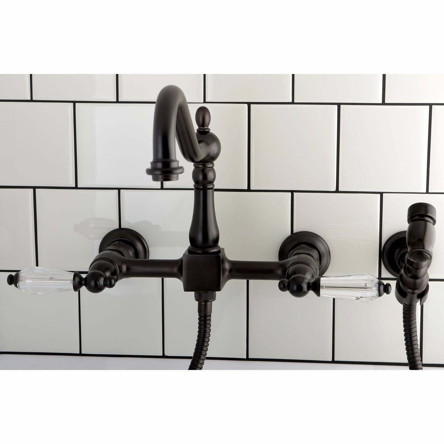 Polished Chrome Wall Mount Bridge Kitchen Faucet with Brass Sprayer U1559