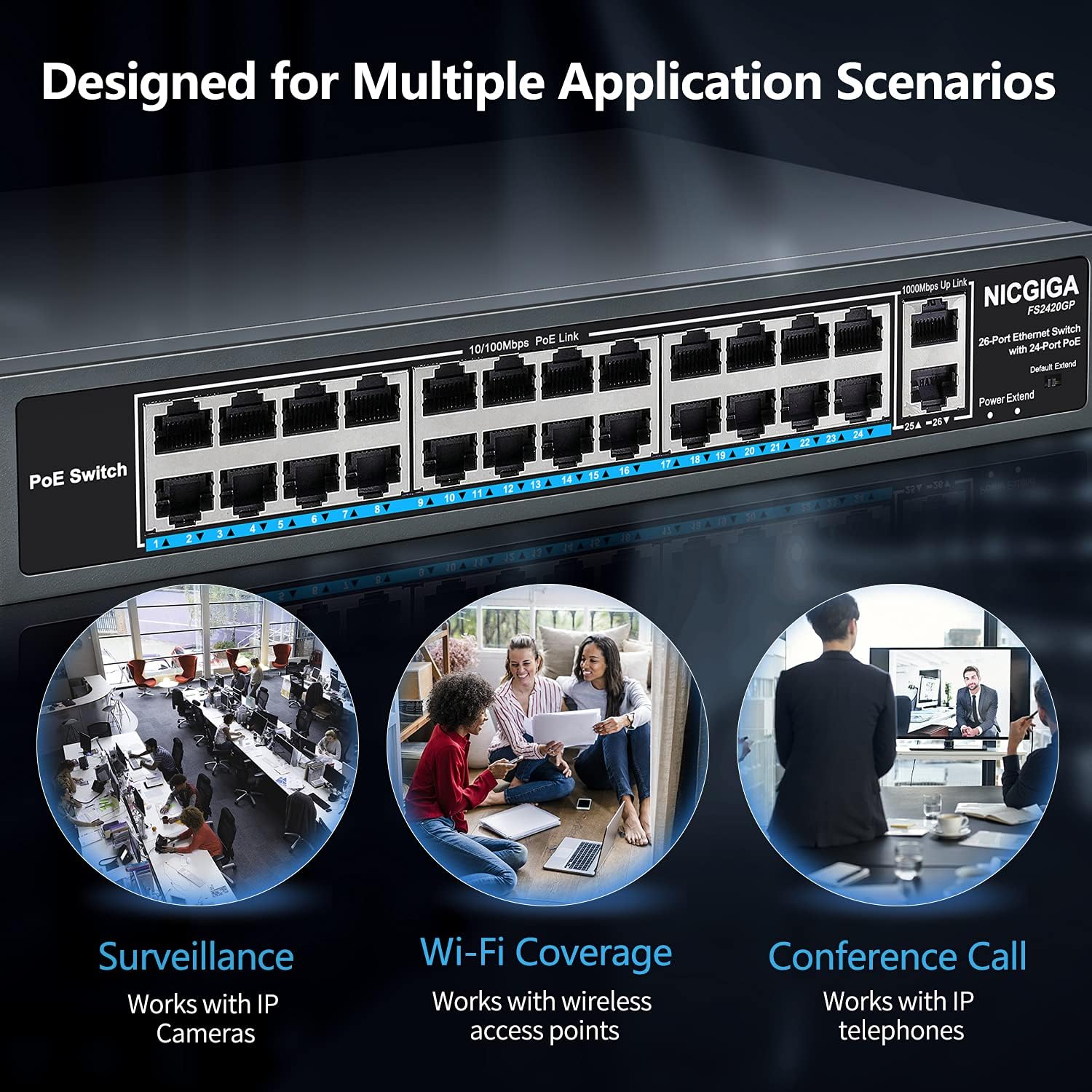 26 Port PoE Switch with 24 Ports 10/100Mbps PoE+@400W, 2 Gigabit Uplink Ports, VLAN Mode, Metal Case, Desktop/Rack Mount, Unmanaged Q8569
